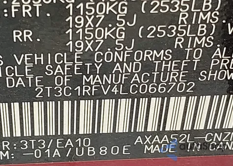 2020 Toyota Rav4 Xle Premium из США, поврежденный, VIN 2T3C1RFV4LC066702